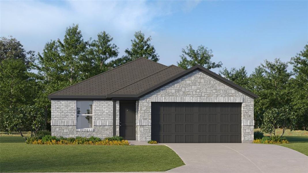 View of front of house featuring a front lawn and a garage