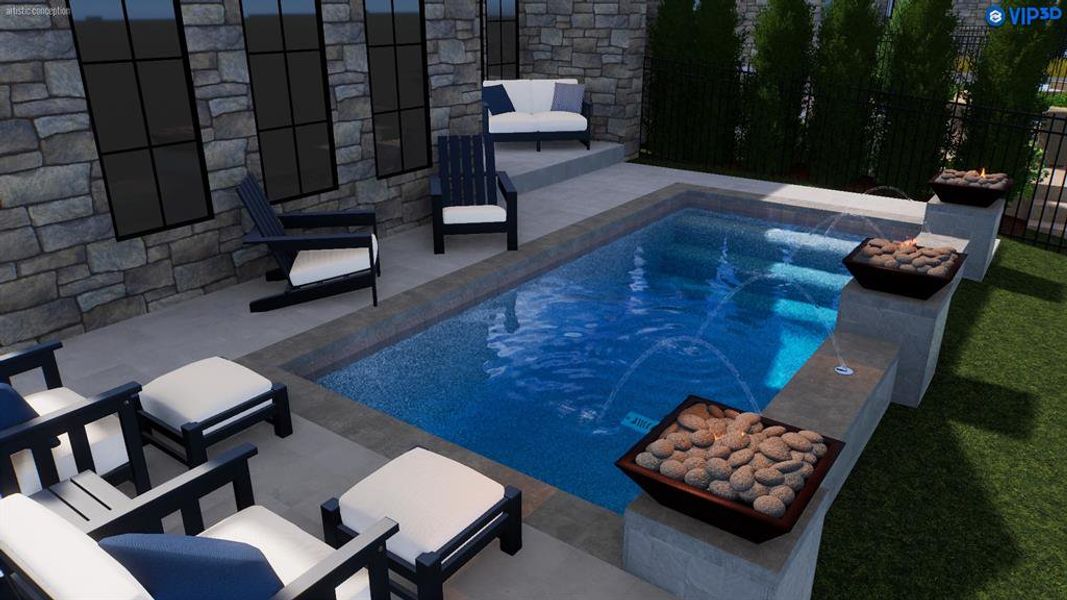 This rendering showcases a pool option that can be added. The spacious lot offers plenty of room to create your own private backyard retreat.