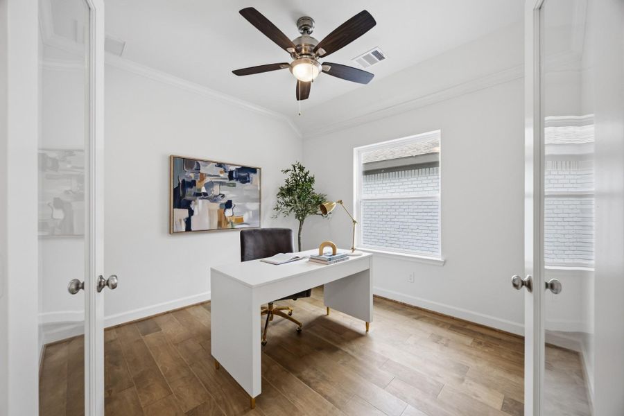 Functional Luxury: The study, an optimal blend of size and elegance, creates a productive yet serene home office atmosphere.
