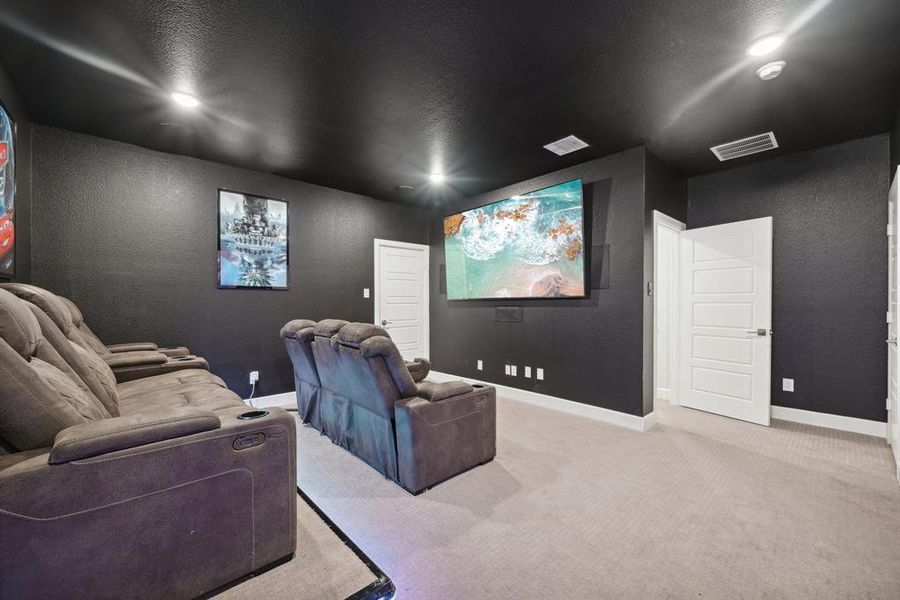 Home theater with light carpet