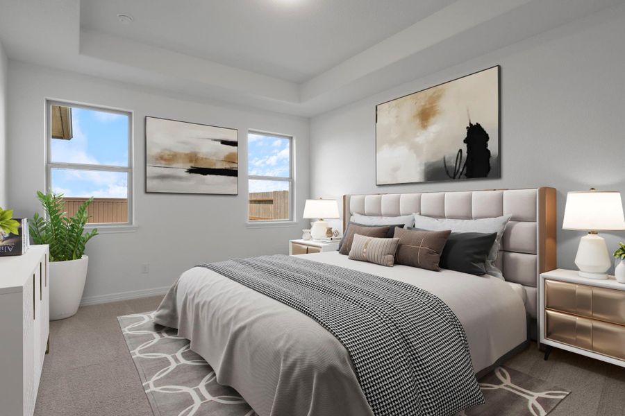 The primary bedroom is generously sized, creating a tranquil and spacious retreat that offers ample room for relaxation. Featuring plush carpet, high ceilings, fresh paint, and large windows that lets in natural lighting throughout the day. The primary bedroom is generously sized, creating a tranquil and spacious retreat that offers ample room for relaxation. Featuring plush carpet, high ceilings, fresh paint, and large windows that lets in natural lighting throughout the day.