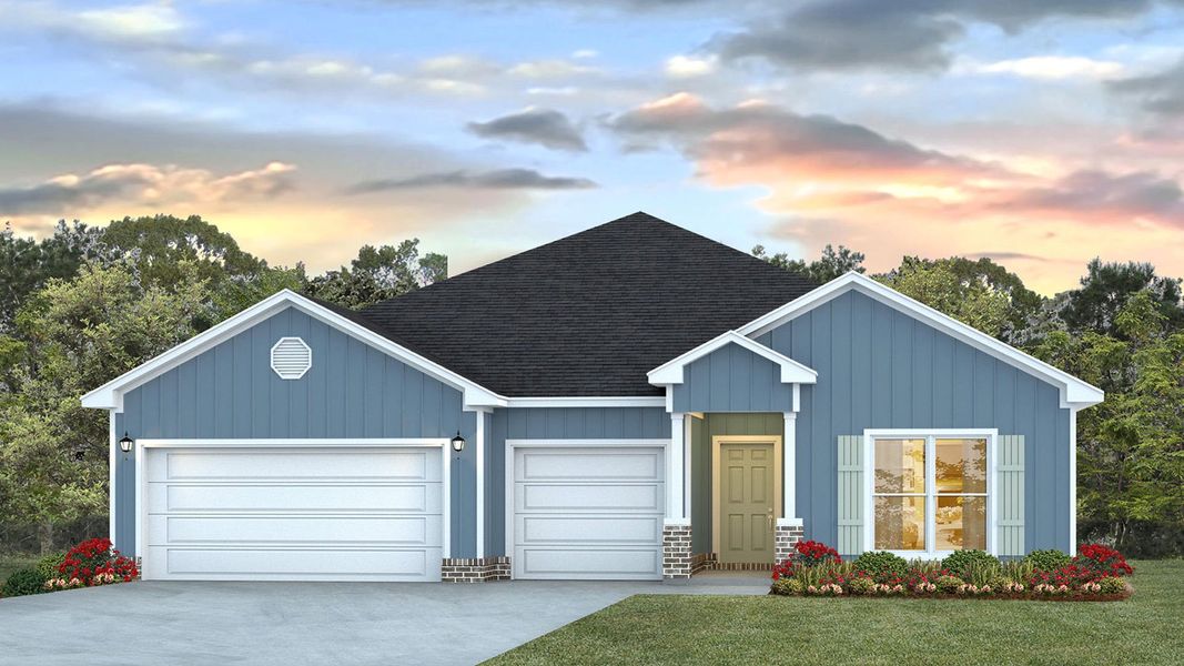 Front exterior of a new home in Owl's Head Farms, Freeport, FL, highlighting curb appeal (Image 1).