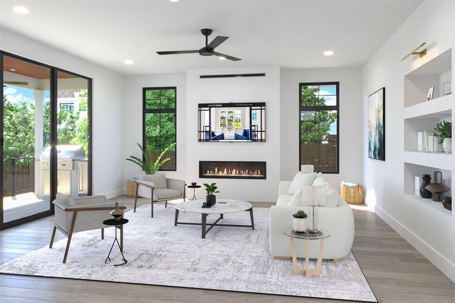 Living room featuring recessed lighting, baseboards, a lit fireplace, a ceiling fan, and wood finished floors