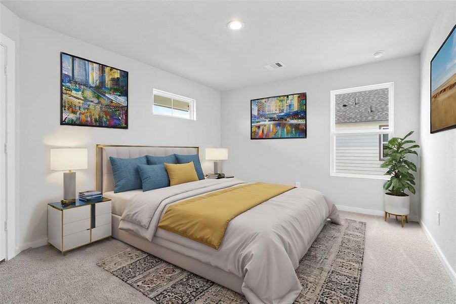 Secondary bedroom features plush carpet, custom paint, lighting, large window with privacy blinds and access to a private bath.