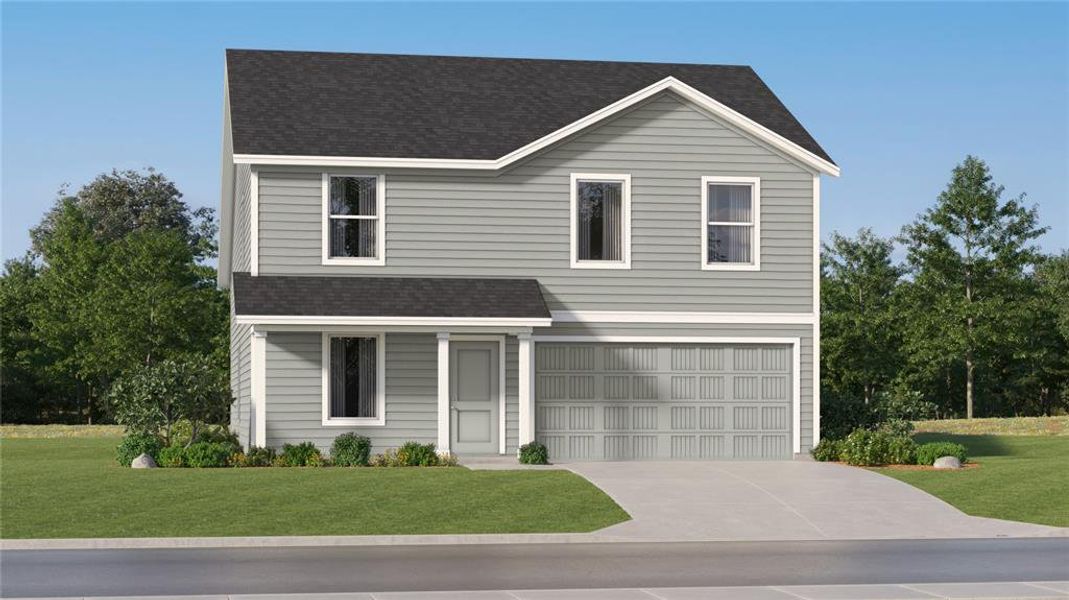 Two-story residence featuring light gray horizontal siding and white trim Two-story residence featuring light gray horizontal siding and white trim
