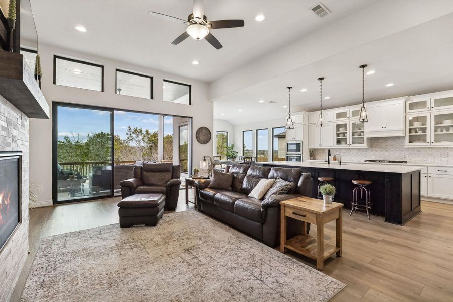 Living room with soaring high ceilings and tons of natural light