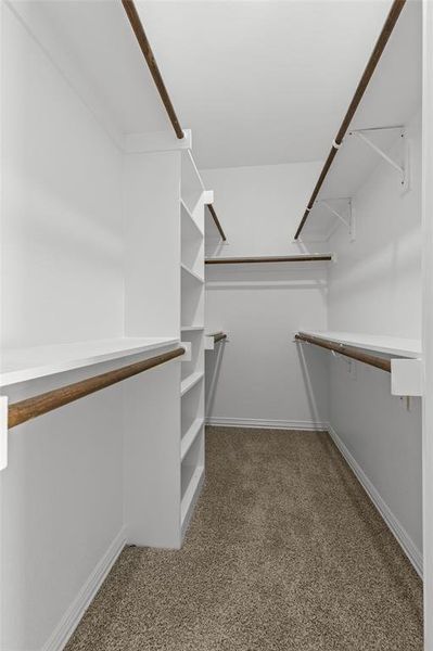 Walk in closet featuring light carpet