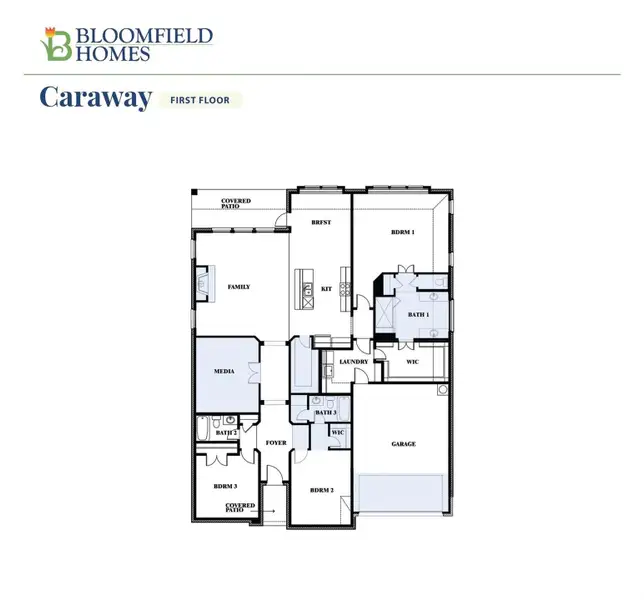 Bloomfield Homes Caraway first floor plan with three bedrooms, three bathrooms, family room, media room, and garage.