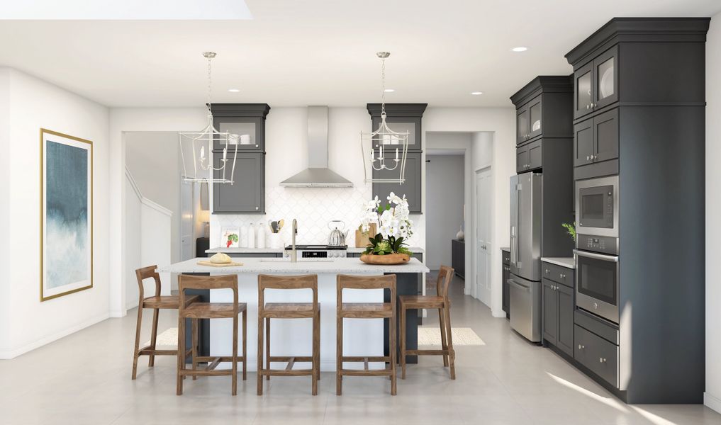 Kitchen with glass upper cabinets and pendant lighting