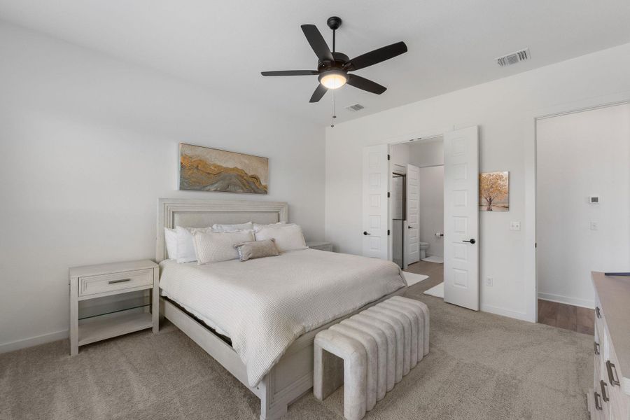 Main bedroom featuring visible vents, baseboards, carpet, and ensuite bath