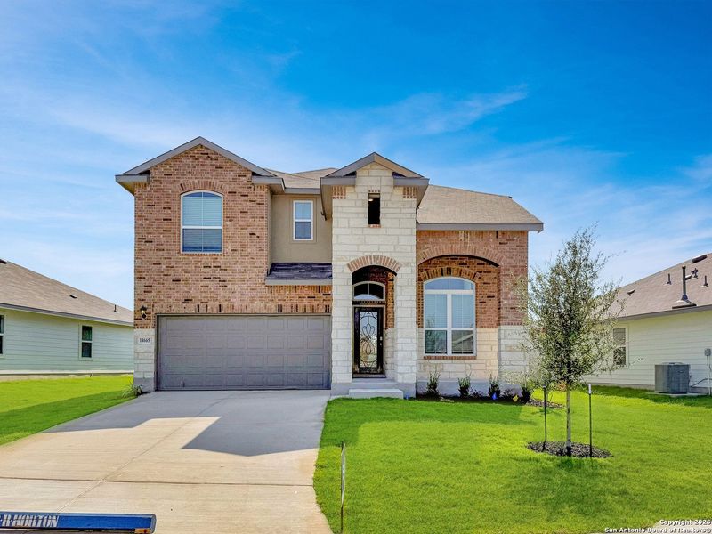 Front exterior of a new home in Riverstone at Westpointe, San Antonio, TX, highlighting curb appeal (Image 1). Front exterior of a new home in Riverstone at Westpointe, San Antonio, TX, highlighting curb appeal (Image 1).