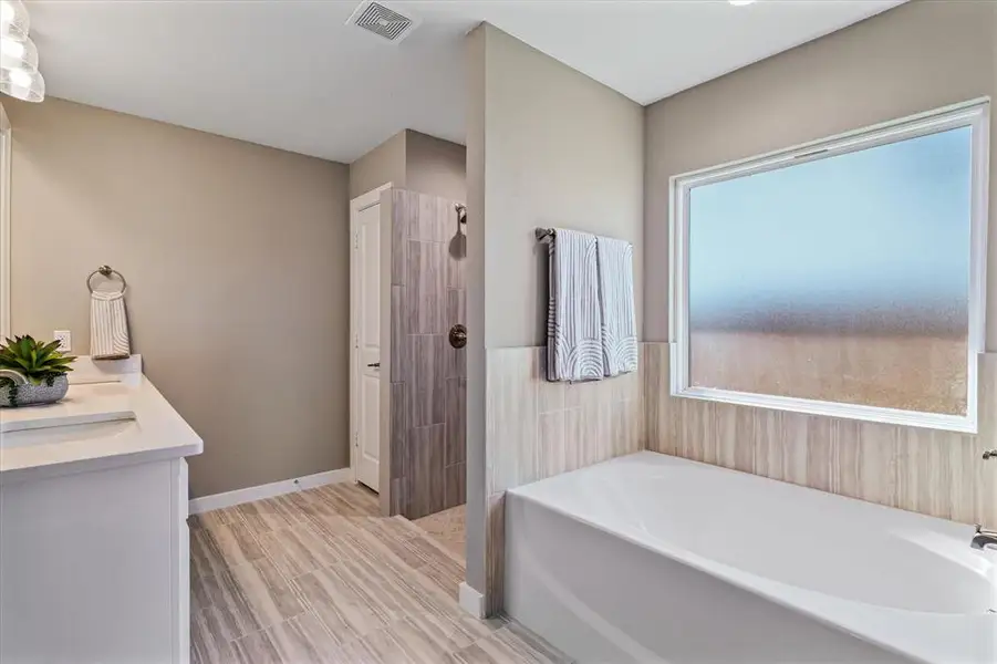 Bathroom with vanity, wood-type flooring, and plus walk in shower