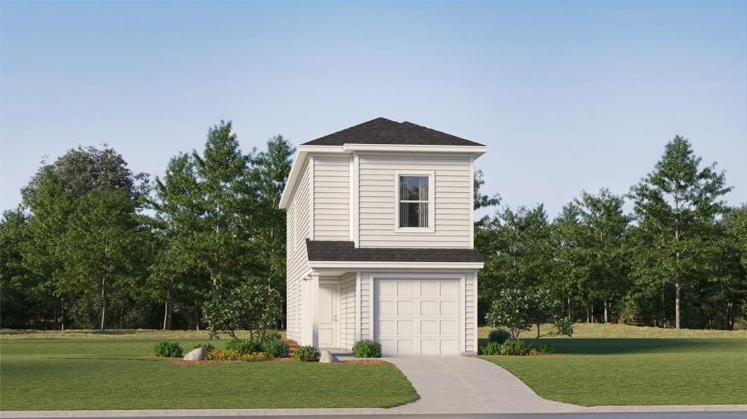 View of front of property with a front lawn and a garage