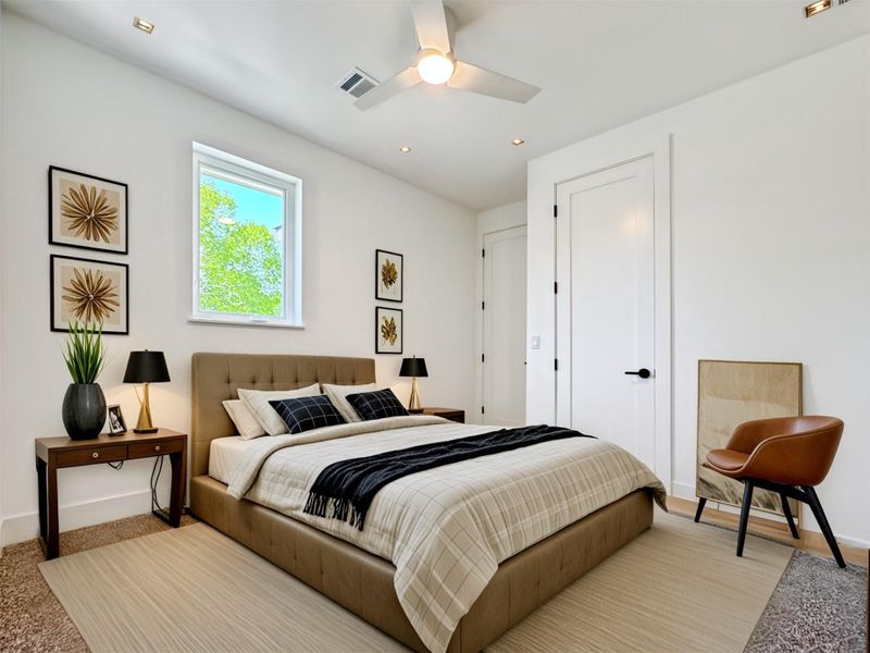 Bedroom, ceiling fan, and recessed lighting Bedroom, ceiling fan, and recessed lighting