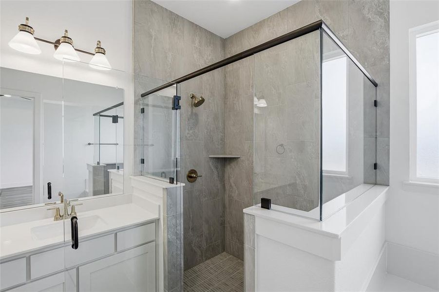 Full bath with vanity and a stall shower