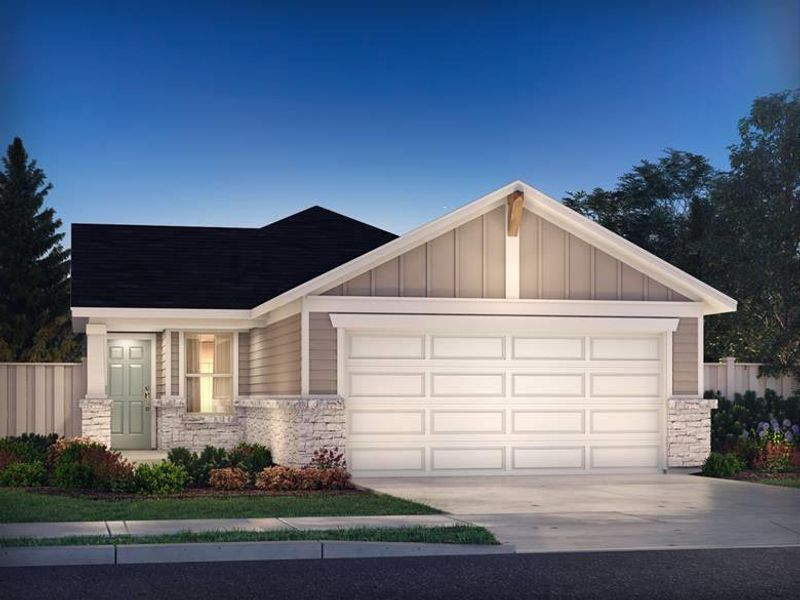 Front exterior of a new home in Turner's Crossing - Americana Collection, Buda, TX, highlighting curb appeal (Image 1). Front exterior of a new home in Turner's Crossing - Americana Collection, Buda, TX, highlighting curb appeal (Image 1).