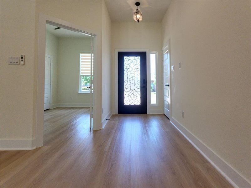 Entryway featuring wood-finish flooring, a decorative glass front door, and a sidelight window