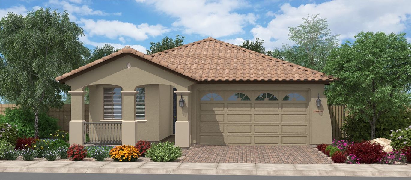 Representative exterior photo of a completed home built from the Jericho by Fulton Homes in Calistoga at Enclave, Litchfield Park, AZ (Image 2). Representative exterior photo of a completed home built from the Jericho by Fulton Homes in Calistoga at Enclave, Litchfield Park, AZ (Image 2).