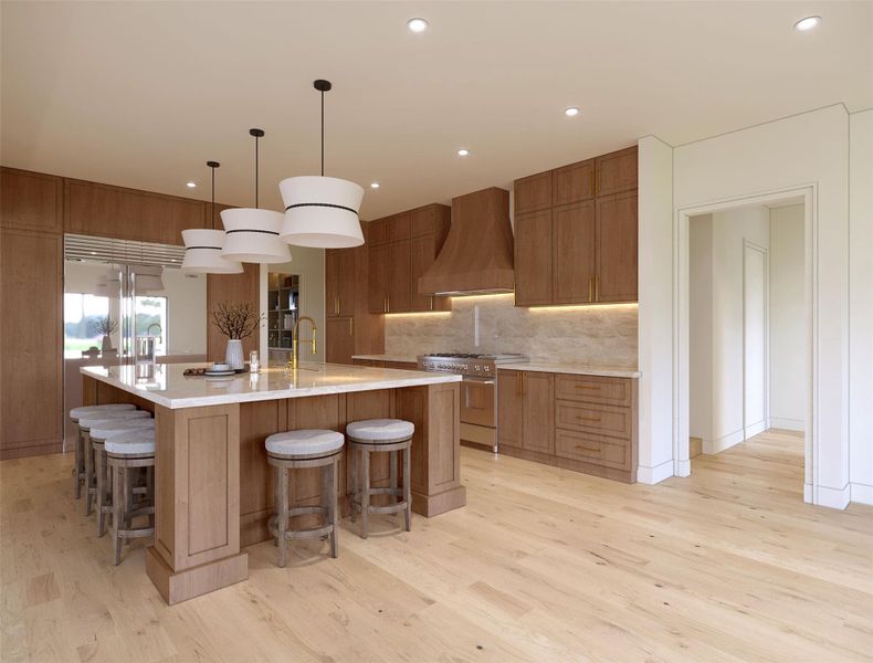 rendering photo-This modern kitchen features elegant wood cabinetry, a spacious island with seating, and sleek stainless steel appliances, perfect for both cooking and entertaining.