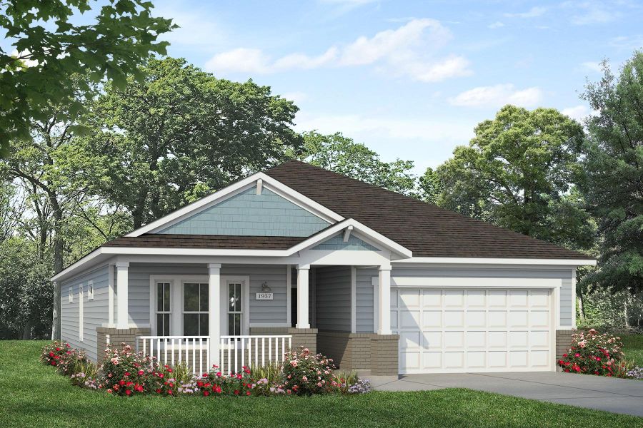 View of front of house with a garage, brick siding, a front lawn, driveway, and a porch View of front of house with a garage, brick siding, a front lawn, driveway, and a porch