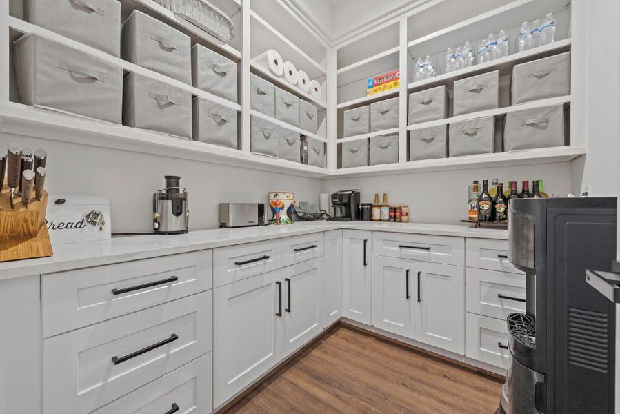 walk in storage pantry with ample cabinets, counter space and electrical for small appliances walk in storage pantry with ample cabinets, counter space and electrical for small appliances