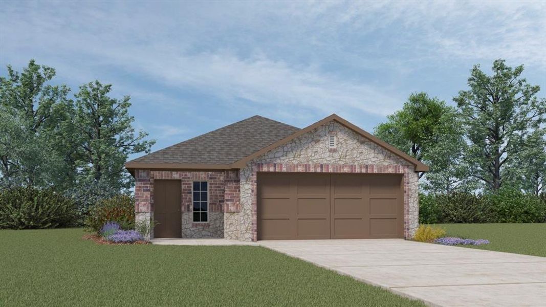 View of front of house featuring a garage and a front yard