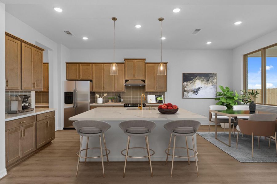 Kitchen featuring the AW Collection Laguna with warm stained cabinetry, light countertops, and a modern tile backsplash for a relaxed, sun-soaked feel.