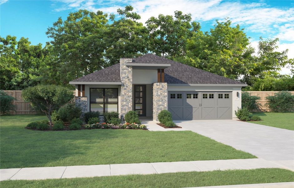 View of front of home with a front yard, roof with shingles, an attached garage, stucco siding, and stone siding