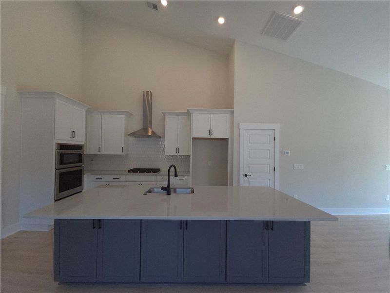 Modern kitchen with soaring vaulted ceilings and s