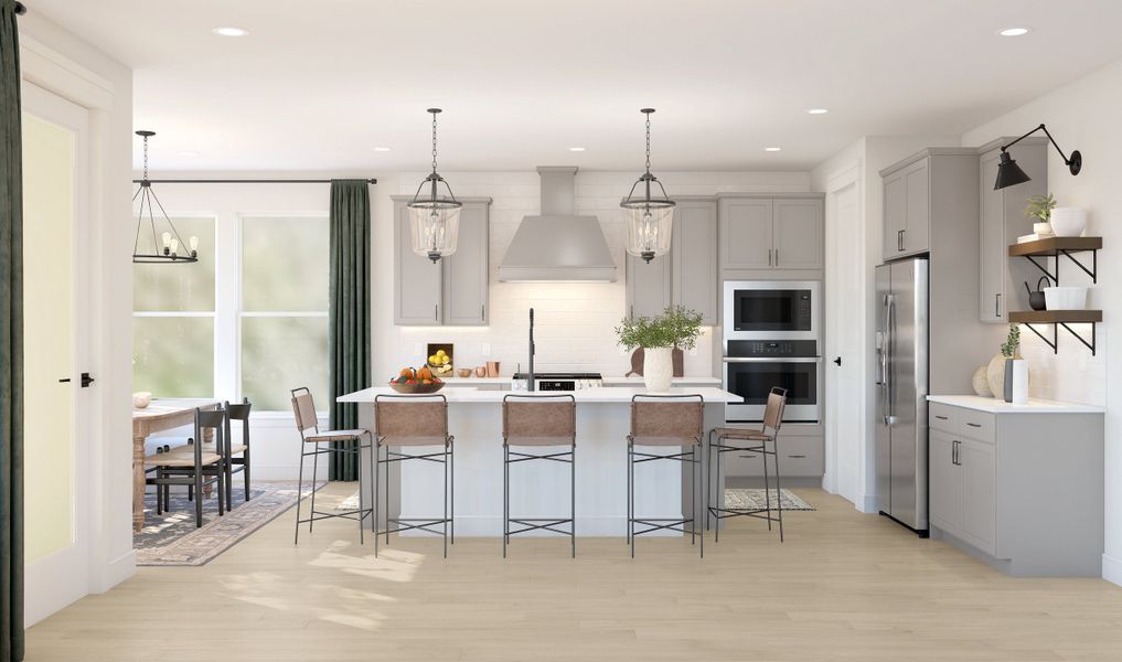 Kitchen with pendant lighting & floating shelves