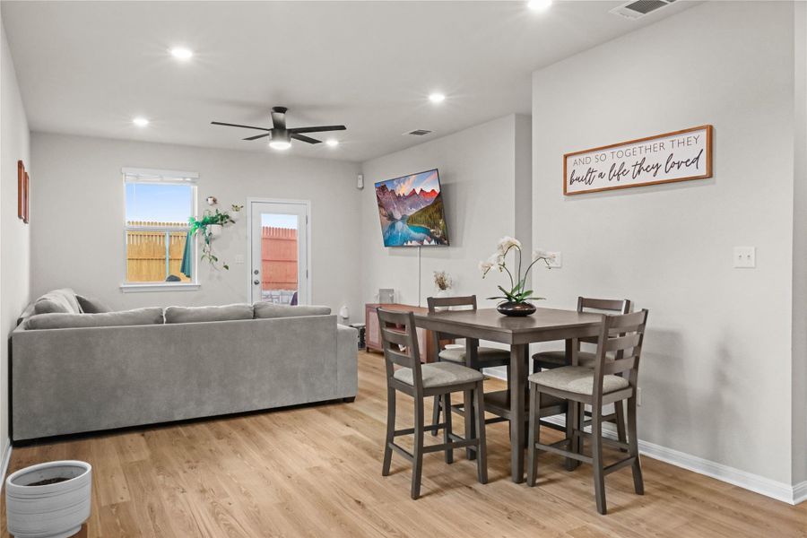Dining room featuring recessed lighting, light wood-type flooring, and ceiling fan