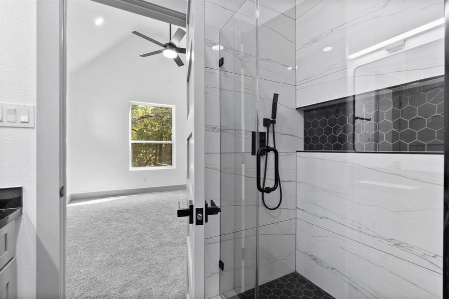 Beautiful walk in shower with tile detail