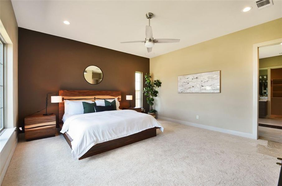 Bedroom with carpet flooring, recessed lighting, and ceiling fan Bedroom with carpet flooring, recessed lighting, and ceiling fan
