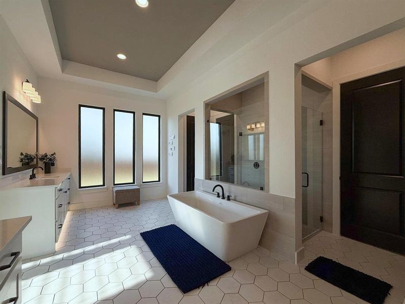 Bathroom with a soaking tub, vanity, a stall shower, a raised ceiling, and light tile patterned floors Bathroom with a soaking tub, vanity, a stall shower, a raised ceiling, and light tile patterned floors