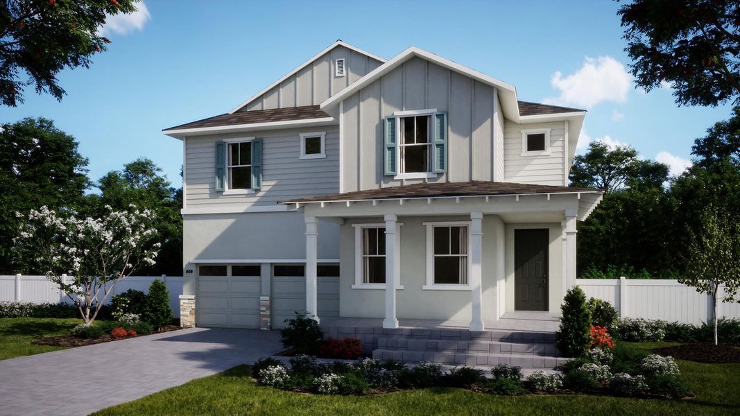 Representative exterior photo of a completed home built from the Lotus by Risewell Homes in Cypress Bluff, Groveland, FL (Image 1). Representative exterior photo of a completed home built from the Lotus by Risewell Homes in Cypress Bluff, Groveland, FL (Image 1).
