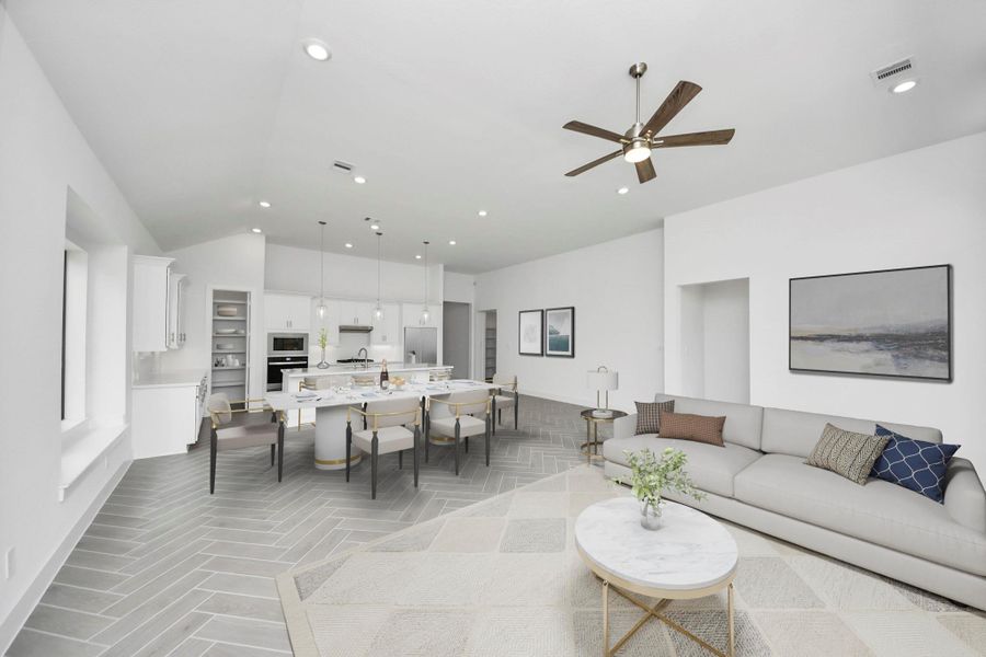 Virtually staged living and kitchen