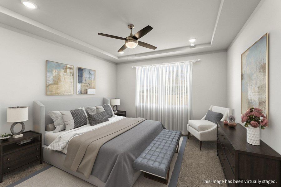 A tranquil primary bedroom with a spacious bed and soft carpet flooring creates a serene escape. A tranquil primary bedroom with a spacious bed and soft carpet flooring creates a serene escape.
