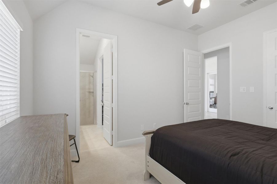 Bedroom three enjoys direct access to theshared Jack-and-Jill bath. Bedroom three enjoys direct access to theshared Jack-and-Jill bath.