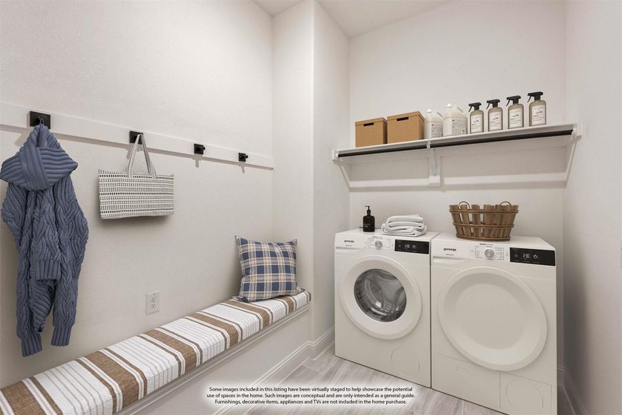Laundry room with washer and dryer, wall shelf, coat hooks, and built-in bench seat Laundry room with washer and dryer, wall shelf, coat hooks, and built-in bench seat