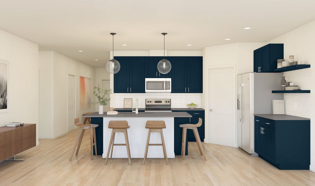 Kitchen with pendant lights & floating shelves