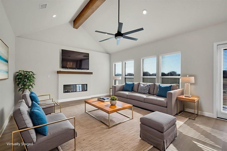 Virtually Staged living room with electric fireplace