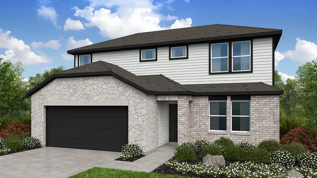 Front exterior of a new home in Longview, Del Valle, TX, highlighting curb appeal (Image 1). Front exterior of a new home in Longview, Del Valle, TX, highlighting curb appeal (Image 1).
