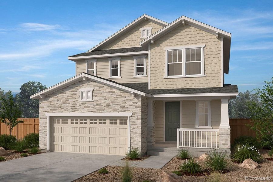 Front exterior of a new home in Murphy Creek Reserve, Aurora, CO, highlighting curb appeal (Image 1).