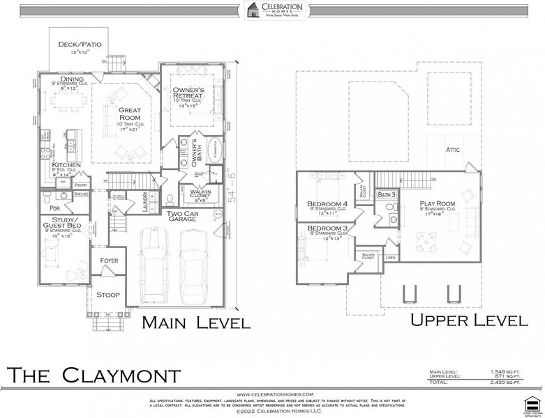 2D floor plan layout for the Claymont by Celebration Homes in Oak Meadows, Smyrna, TN (Image 3).