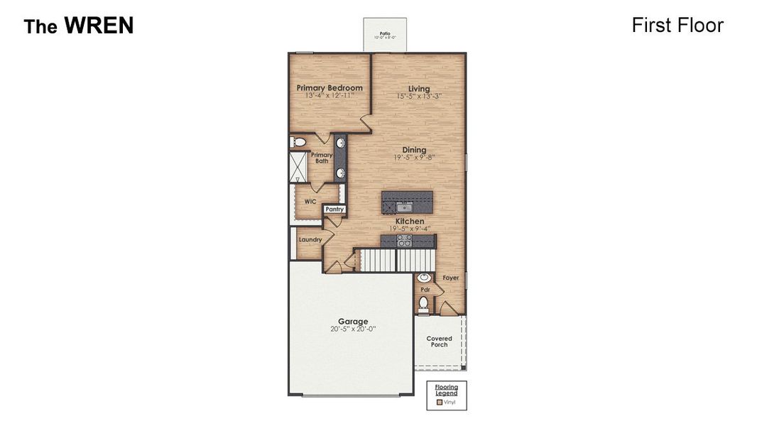 2D floor plan layout for the Wren by D.R. Horton in Cedar Hill Landing, Navassa, NC (Image 5).