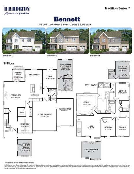 2D floor plan layout for the Bennett by D.R. Horton in The Manors at Winston Pointe, Clayton, NC (Image 3).