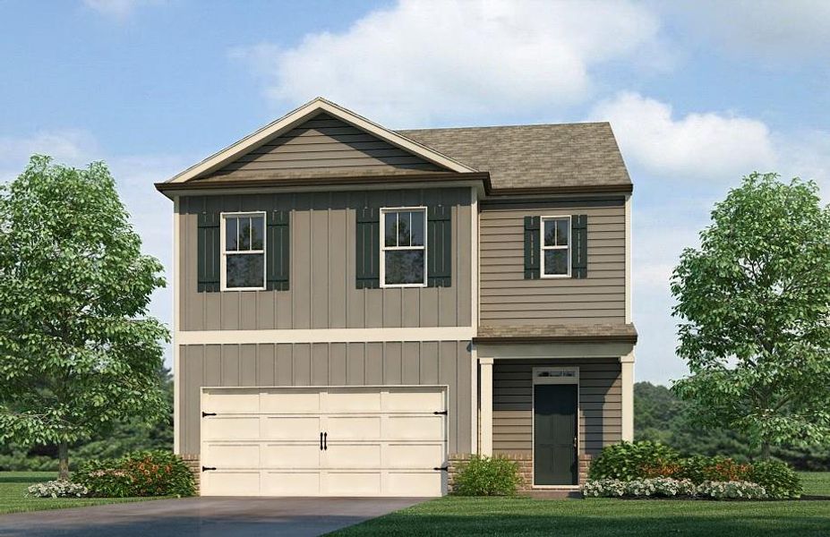 Front exterior of a new home in Oconee Overlook, Gainesville, GA, highlighting curb appeal (Image 1).
