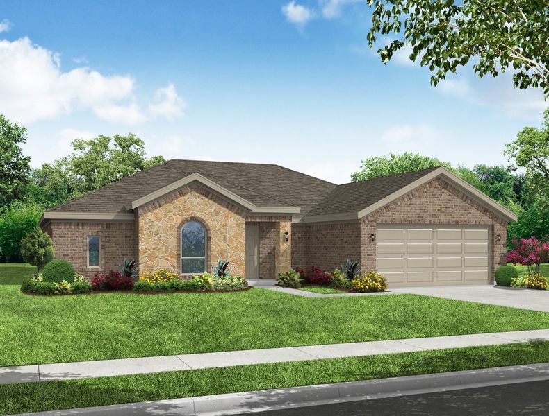 Representative exterior photo of a completed home built from the Alderbury II by Impression Homes in Mountain Valley Lake, Burleson, TX (Image 10). Representative exterior photo of a completed home built from the Alderbury II by Impression Homes in Mountain Valley Lake, Burleson, TX (Image 10).
