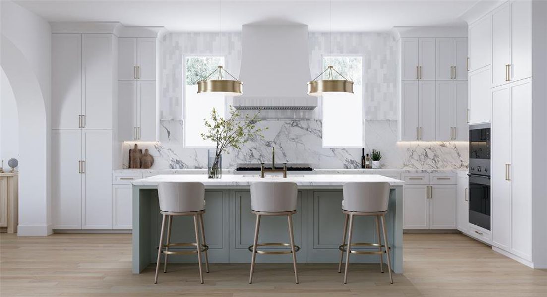 Kitchen with tasteful backsplash, an island with sink, wall chimney exhaust hood, and healthy amount of natural light
