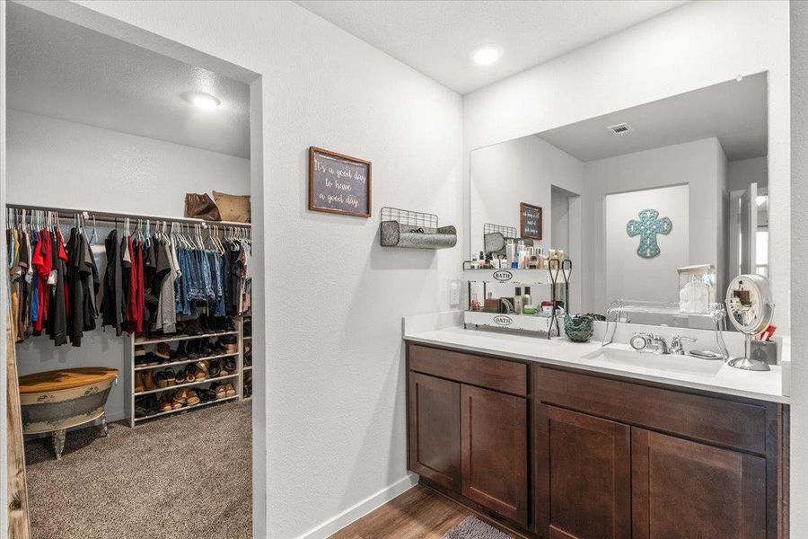 Bathroom featuring vanity and a walk in closet